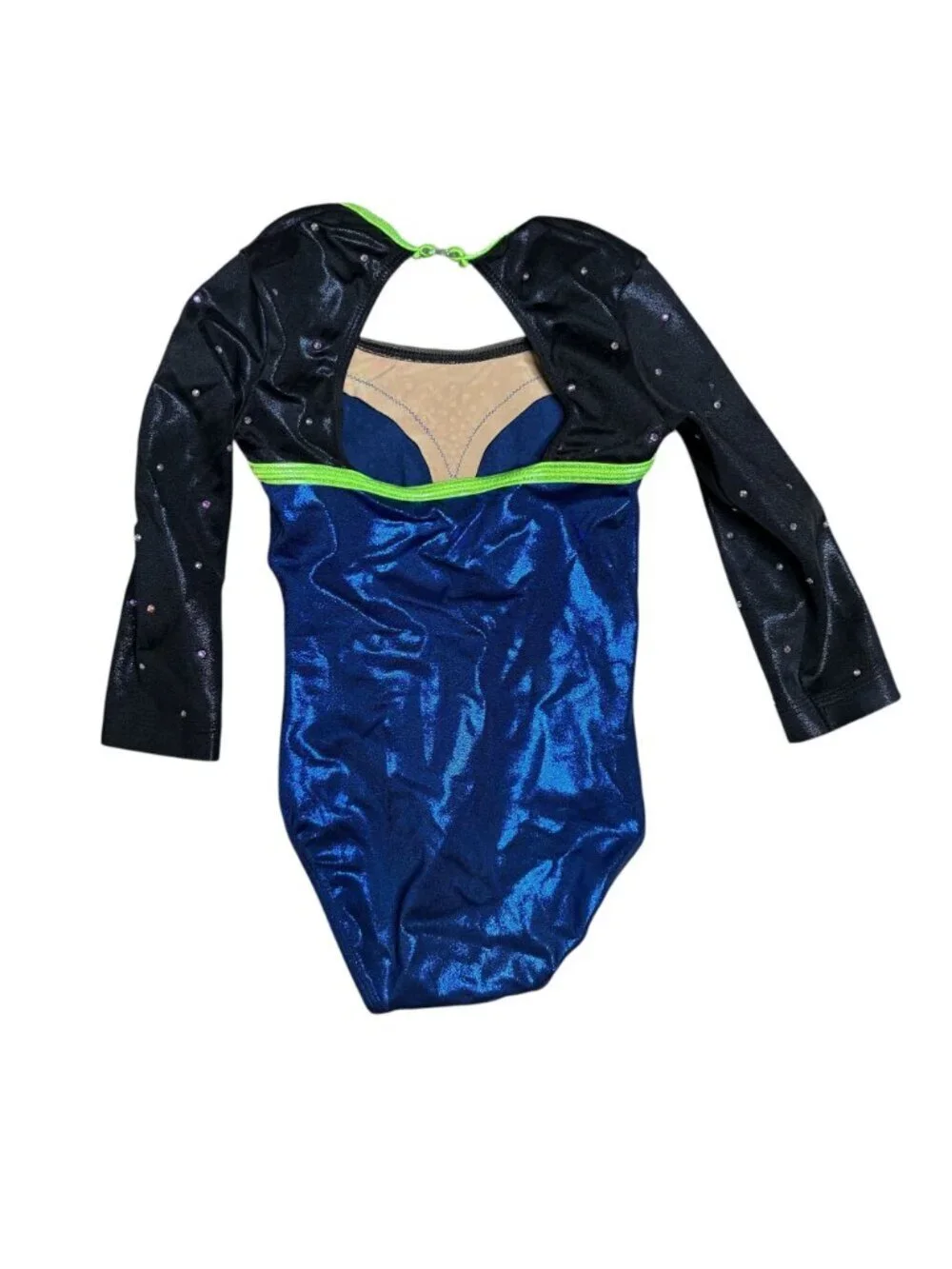 GK Competition Leotard Size SM Child Medium Blue Black Lime Green 3/4 Sleeve